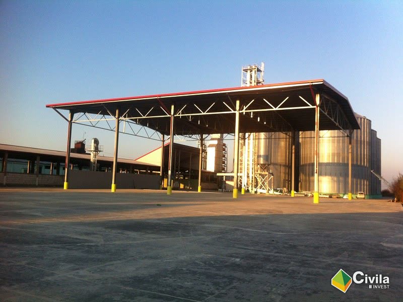 Baza de colectare a cerealelor Ardealul SA din Salonta: copertina metalică pe stâlpi cu baza vopsită în galben, platforma betonată și silozurile în spate