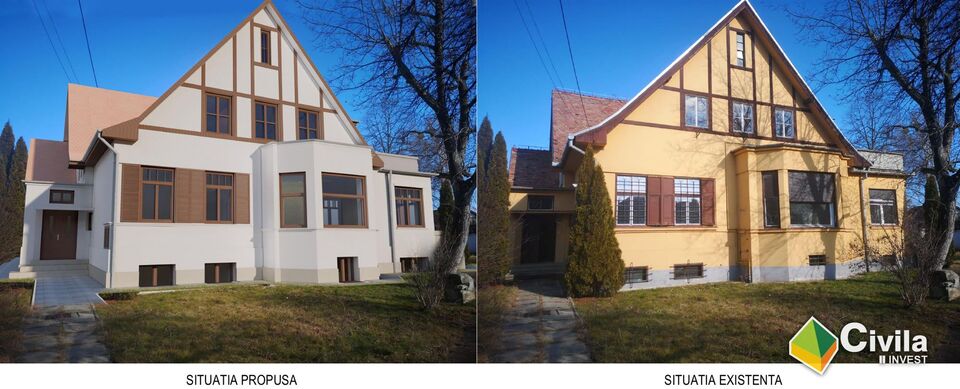 Comparație pentru locuința S+P+M din Sibiu: în stânga, situația propusă de proiectant (randare), cu fațadele albe; în dreapta, situația existentă, casa cu fațada galbenă înainte de lucrări