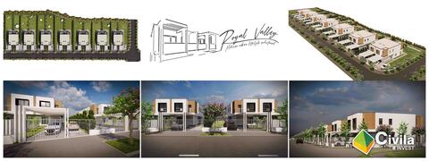 Planșa de prezentare a proiectului Royal Valley: planul de situație, o schiță a duplexurilor și randări ale ansamblului